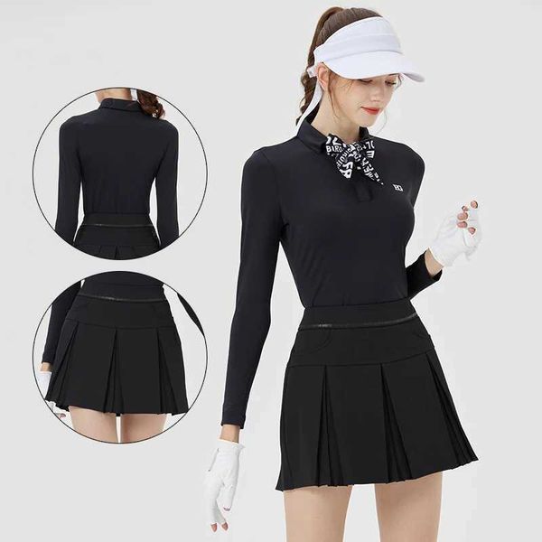 Meninas femininas Blkt Women Women Bowknot Slim Shirt Ladies Full Slve Black Tops Ladies Pleated Skirt Skirt High Sports Skort Conjuntos Y240507