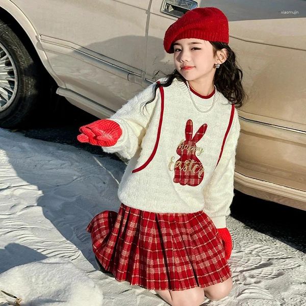 Set di abbigliamento eleganti vestiti da ragazza principessa autunno inverno in inverno plaid pieghevole con gonna fumetto pullover top top bild outfit del bambino