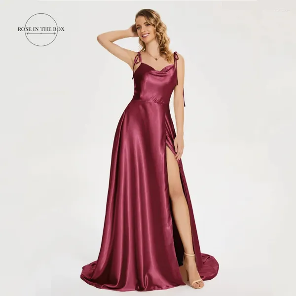 Vestidos de festa 2024 vestido de noite sexy elegante spaghetti tira de cetim de longa fenda A alta fenda