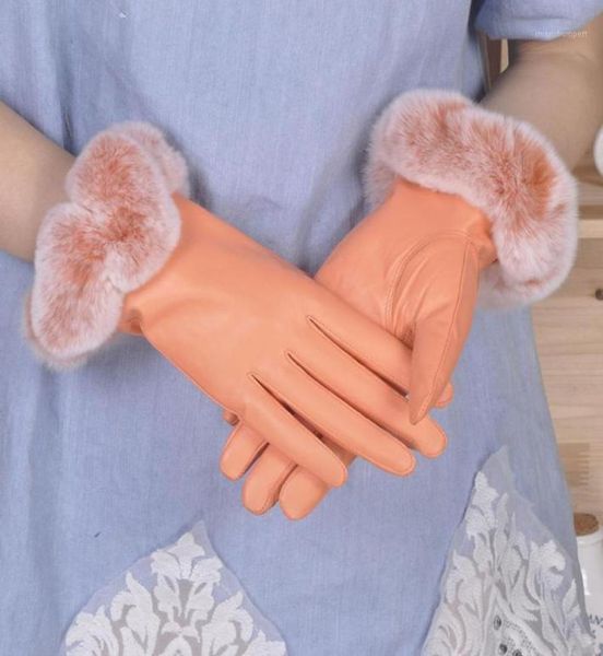 Fünf Finger Handschuhe Leder Frauen Winter Schafhaut warm und Wollwatte Rex Fell Fahr Leder1834396