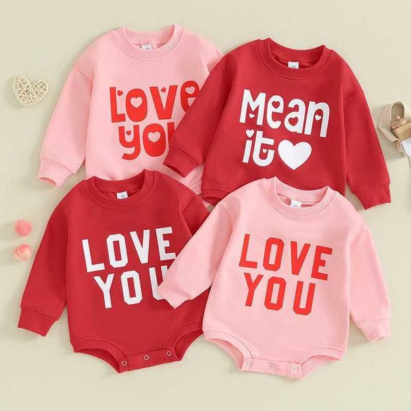 Rompers yenidoğan kız bebek giysileri mektup baskısı büyük boy sweatshirt romper uzun kollu sevgililer gündüzü kıyafetler playsuit h240508