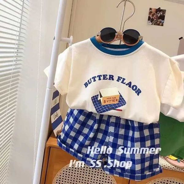 Roupas conjuntos de roupas 2024 shorts de camisetas de verão Conjunto de crianças impressão de carta+shorts xadrez 2pcs roupas meninos meninos roupas de bebê casual conjunto h240508