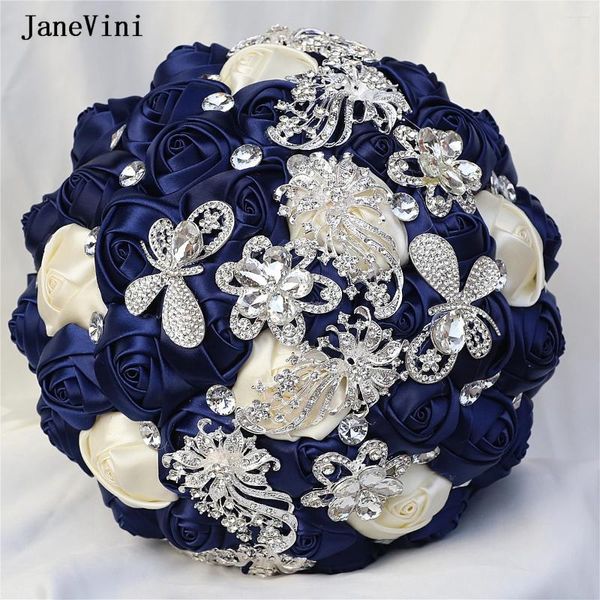 Hochzeitsblumen Janevini Luxus europäische dunkelrote Brauthändlächen Bling -Strasskünstler Künstliche Satinrosen Bouquet de Novia