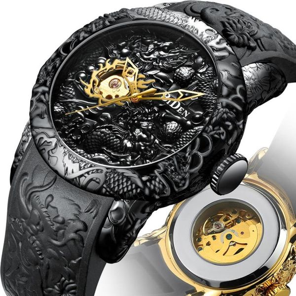 Relógios de pulso Biden Fashion Gold Dragon Sculpture Men assista Automático mecânico de pulseira de pulseira de silicone mecânica RELOJES HOMBRE 248G