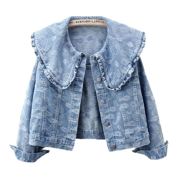 Herbst Korean Vintage Blue Print Peter Pan Kragen Denim Jacke Frauen Cowboy äußere Wewe Lose Casual Short Jeans Jacken Frauen 240423