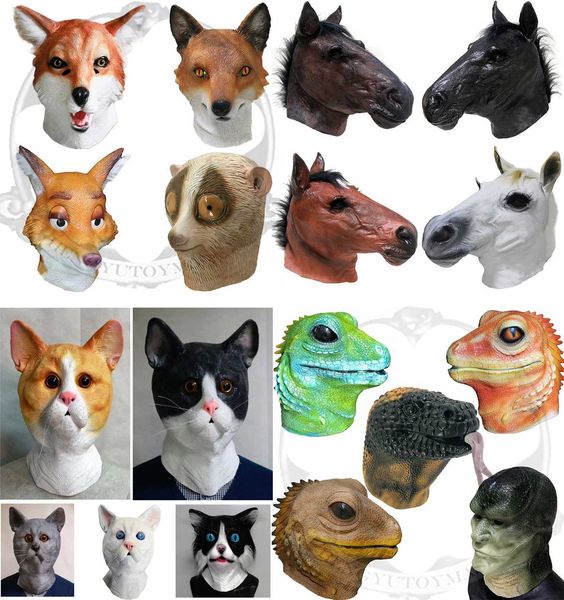 Partymasken Animal Head Latex Gesichtsmaske Reptilien Echsenkatze Fuchs Pferd Gummi Halloween Party Kostüme Requisiten Q240508