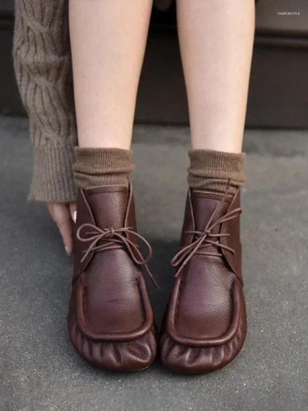 Stivali artmu donne pieghe originali alla caviglia in pizzo su tallone spesso corto 2024 vera pelle di lusso da signore scarpe da donna rotonda