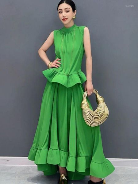 Рабочие платья Qing Mo 2024 Summer Green Women Set Set Setts Рукока