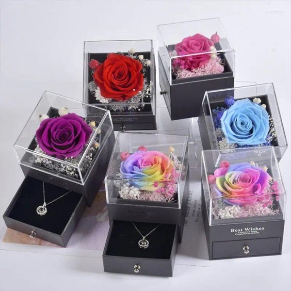 Dekorative Blumen Eternal rotes Rosenschmuck Geschenkbox Ring Ohrringe Halskette Aufbewahrung Acrylboxen für Liebhaber Romantische Valentinstag Geschenke