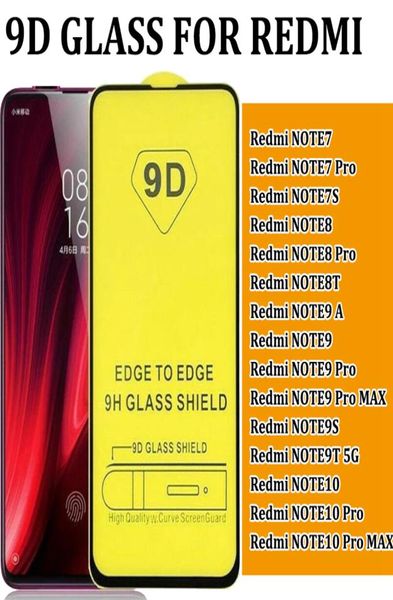 9D Protetor de tela de vidro temperado com tampa completa para Red Mi Redmi Nota 7 Pro 7s Nota 8 8t Nota 9 9A MAX 9S 9T NOTA10 10 PRO9616962