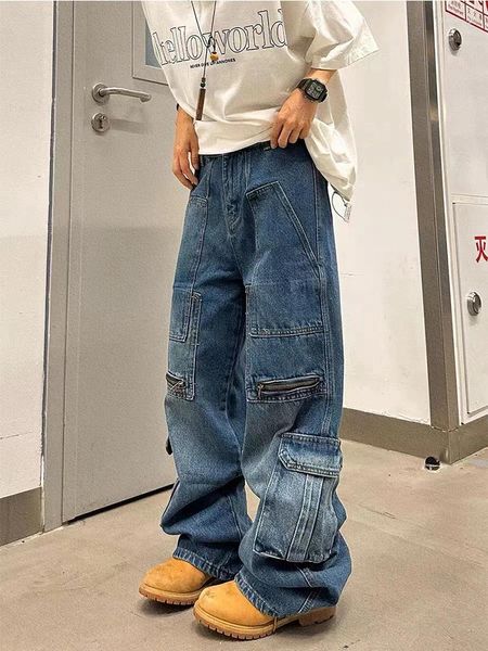 Jeans masculinos 2024 calças de carga de retalhos de rua de rua soltas larga larga perna larga harajuku jeans casual masculino y2k