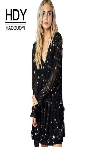 Hdy Haoduoyi Space Star Moon Vneck Prant Платье черное длинное рукав бабочки.