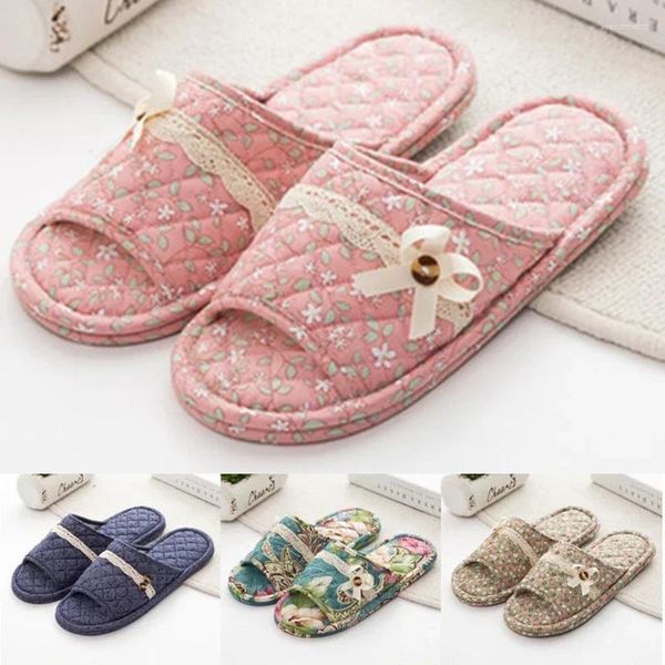 Flipers para homens para homens femininos de tecido de algodão Família El Sapatos Floral Flower Sandals Male Warroom Sliders planos do quarto