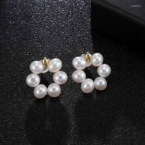 Orecchini per borchie perle d'acqua dolce naturale 5-6 mm piatto a forma rotonda 925 regali di gioielli romantici in argento in argento sterling per donne