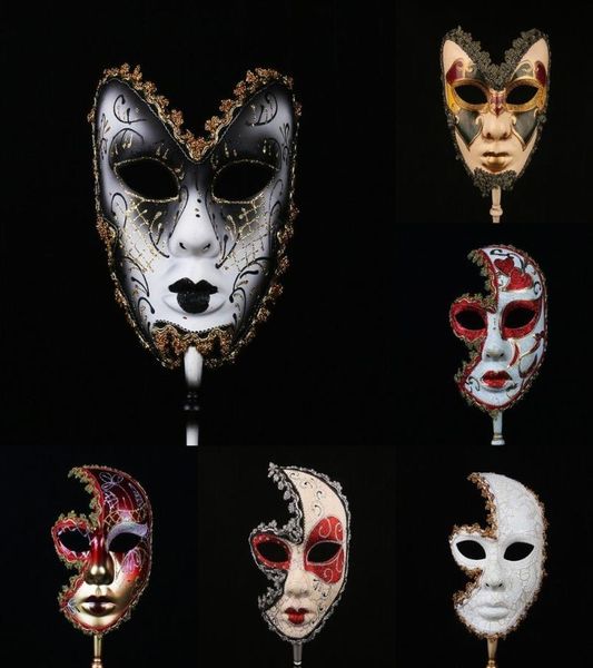 HD 6 Arten venezianische Maske auf Stick Mardi Gras Mask für Frauenmänner Maskerade Party Prom Ball Halloween Party Cosplay Gefälscht Y2001033810215