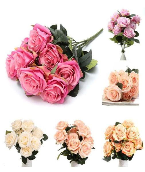 Bouquet 10 Cabeça Artificial Pano de seda Rosa casamento Flor Flor Home Party Decor Peach Flores decorativas Wrinalhs7054936