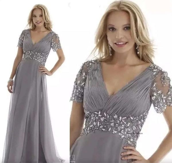 Eleganti grigi più size di abiti da sposa abiti da sposa pieghe di cristallo arricciano maniche corte per abiti da sera dello sposo in chiffon