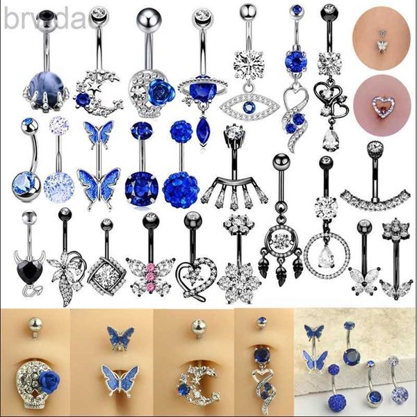 Navelringe 1PC Edelstahl Bauchnabel Ringe Blau schwarze Dangle Bauch Piercing Frauen umgekehrt gebogene Langhantel Nabel Piercings Körper Kit D240509