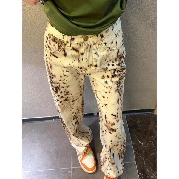 Yaz yeni kadın kot pantolon şık düz leopar desen geniş bacak pantolon çok yönlü yüksek bel zayıflama pantolon moda