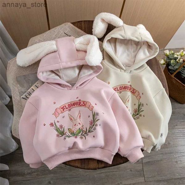 Pullover Girls Hoodie Winter Dicke Reißverschlüsse Kinder Plüsch Kinder Jacke Kaninchen Ohrhörer Childrens Jacke Baby Sweaterl2405