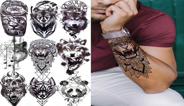 Tiger Totem Trotem Black Tattoo temporário para homens mulheres crianças lobo falsas panda leão mortal tatuagem adesiva geométrica braço tatos66624502