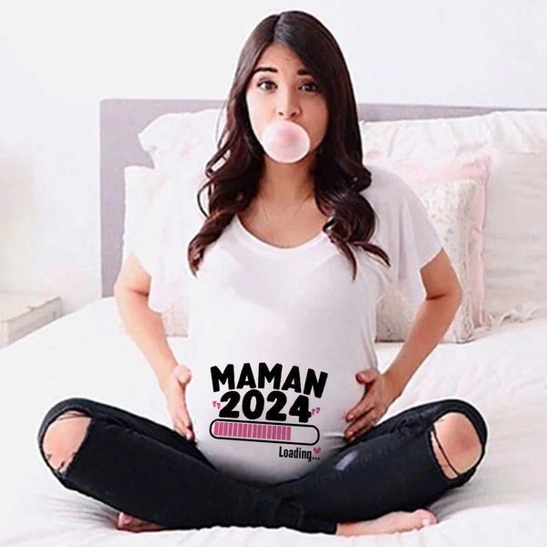 Abiti di maternità Maman 2024 Caricamento Stampato Abbigliamento bianco Maternità Abbigliamento a maniche corte Trote in gravidanza a manica corta