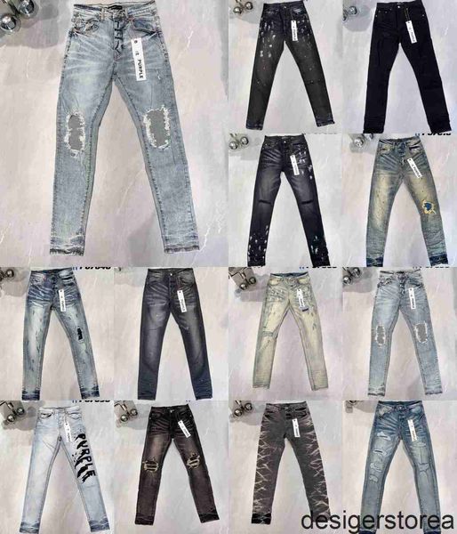 Jeans de grife para homens calças de jeans roxo jeans salmeiros jeans tendências de jeans angustiados Black Ripped Biker Slim Fit Motorcycle Mans empilhados jeans Men Jeans Baggy Hole P2