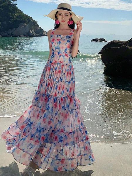 Sıradan Elbiseler Kadın Moda Mavi Baskılı Kolsuz Yüksek Bel Ruffles Kayma Yaz Fransız Tatil Çiçek Kek Sundress Bohemya