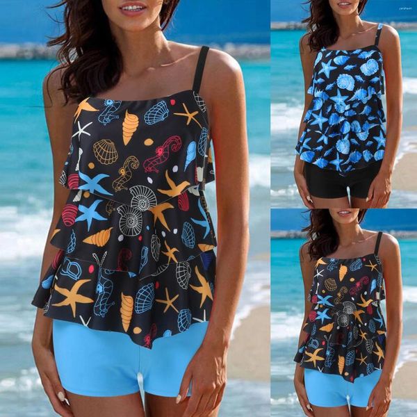 Kadın Mayo Kadın Flowy Tankini Mayolar Şort V Boyun Yüzme Tank Tops Yemleme Takımları 2 Parça