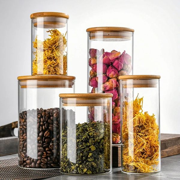 Coperchio in legno in vetro ermetico contenitore contenitore per alimenti tè chicchi cucina bottiglie di deposito barattolo per giardini caramelle organizzatore