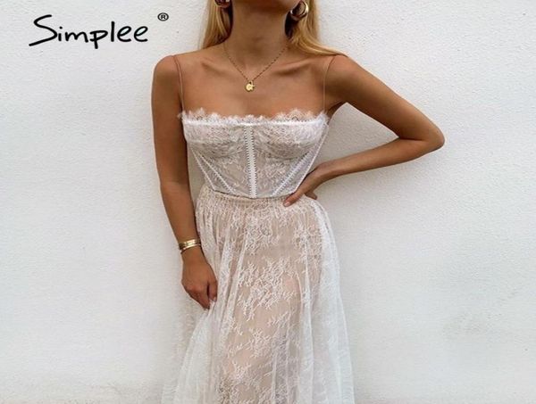 Simplee Sexy White Lace Summer Mulheres maxi vestidos de praia pulseira sem costas vestido plus size malha femme vestido longo vestidos 214914789