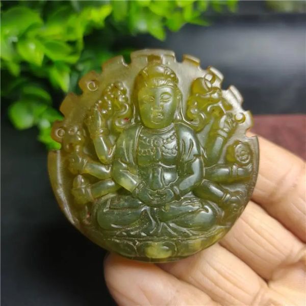 Esculturas budistas jadeware jade natural buda estátua oito tesouros guanyin jade pendente coleta artesanal ornamentos pingentes escultura