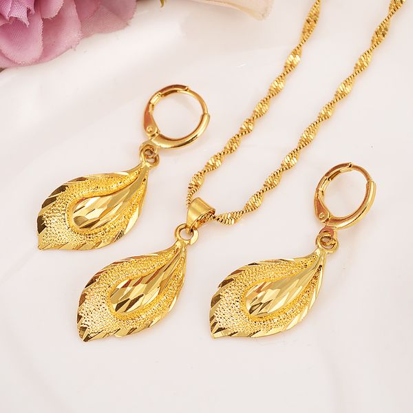 14 k massive Gold GF Halskette Ohrring Set Frauen Party Geschenk Big Leaf Sets Daily Wear Mutter Geschenk DIY Charm Girls Fein Schmuck a6h0#