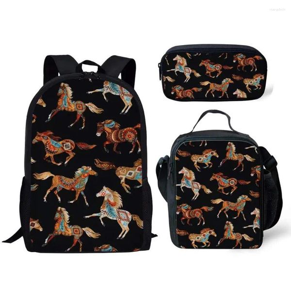 Backpack Creative Fashion Funny Funny Tribal Coloded Horses 3D Stampa 3pcs/set di borse da scuola per alunni Laptop Daypack Borse da pranzo Custodia a matita