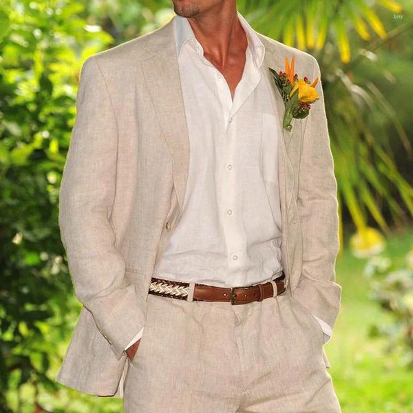 Erkekler Suits Beach Yaz Keten Bej Erkekler 2 Parça Düğün İtalyan Blazer Damat Smokin Erkek Giyim için Klasik Prom Klasik Takım