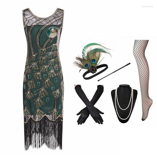 Повседневные платья 1920 -х годов Зеленое платье Great Gatsby Вечерние блестки с бахролом с аксессуарами 20 -х годов