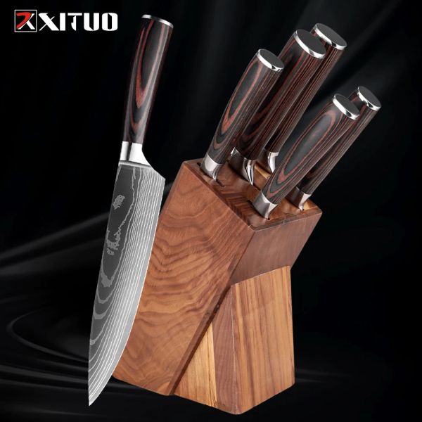 Xituo Sharp 6pcs Kitchen Kitchen Conjunto inclui faca do chef, faca de pão, faca de desossa, faca de frutas, suporte de faca de madeira maciça