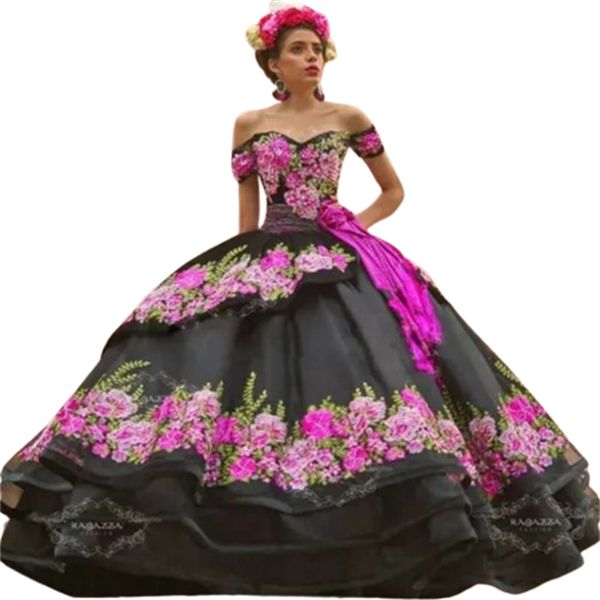 Charro Mexican Black Quinceanera vestidos com mangas coloridas de tampa de flores de quinze anos vestido vestido de xv debutante doce vestido de 16 festas vestido de baile elegante 2024