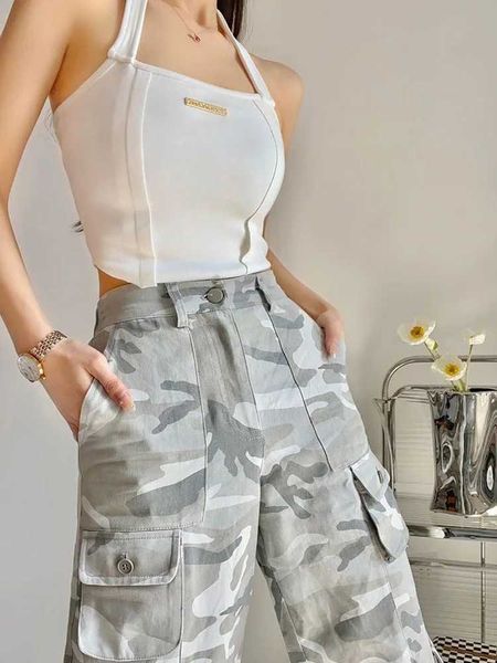 Calças femininas Capris Houzhou American Retro Camuflage Cargo Pants Mulheres Y2K Strtwear Hippie Wide perna bolsos de calça calça fêmea Kpop Harajuku Bottoms Y240509