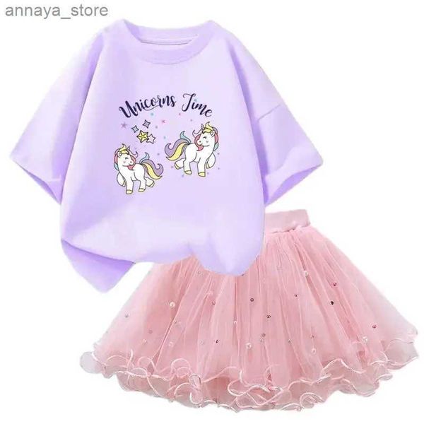 Kleidungssets Sommerkinderkleidung süßes T-Shirt und Tutu-Netzrock Zwei schöne koreanische kleine Mädchen Kleidung Sets Fashion Setl2405L24045