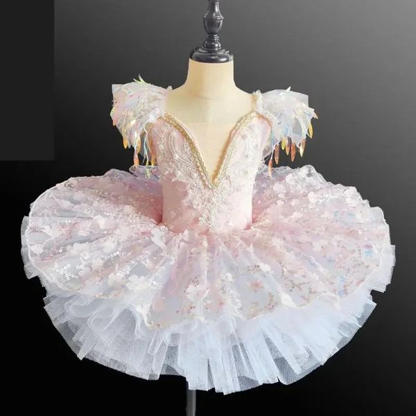 Vestido de balé profissional de criança com borla de lantejagem de lantejoul moderno de dança ginástica de ginástica menina de aniversário vestido de princesa 240509