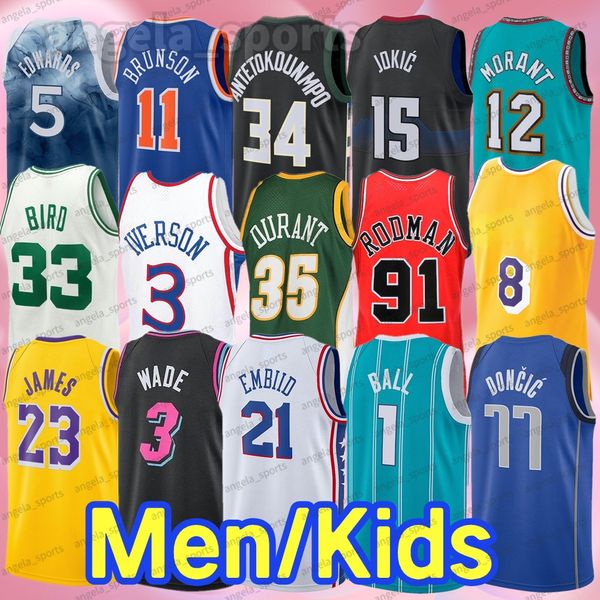 Brunson Men Kids James 30 Curry Jerseys 15 Vince Carter Doncic 77 Durant Butler Jokic Shaquille Iverson Bird Edwards Morant Tatum Booker Ball Wade Embiid Novo retrô