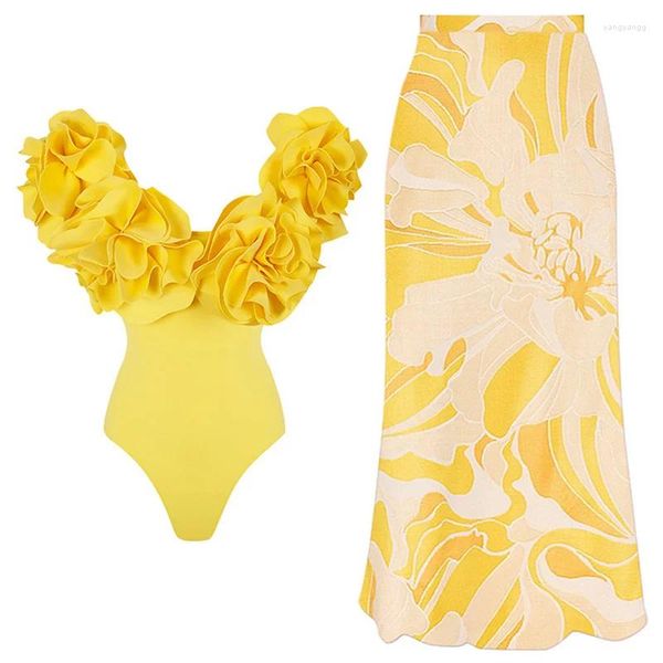 Menas de banho feminina Flor 3D Push up Mulheres maiô 2024 vestido garotas biquíni coloca a saia de maiô de uma peça de praia