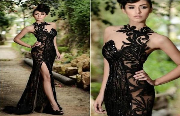 Top Selling Paillierte Pailled Sheer Prom -Kleider Meerjungfrau Rami Salamoun applizierte Juwelenhals Abendkleider Sweep Zug Tüll Tüll -Split -Side Form9356308