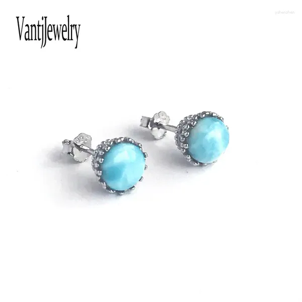 Brincos de garanhão natural Larimar Sterling 925 Praente de prata de 6mm Jóias finas para mulher Caixa de presente de aniversário de festas de casamento de senhora