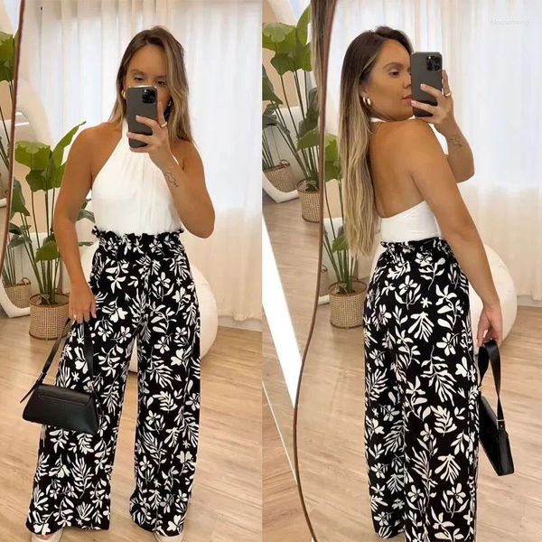 Calça feminina 2024 Chegada Tropical Prifed Ruffle Custring Soly Large Legal Style Floral Clothes Ladies Prom