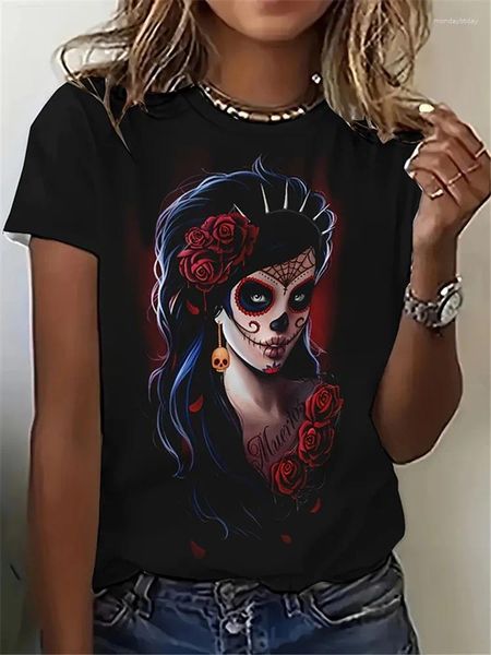 Frauen T-Shirts Vintage Skull 3D-bedrucktes Hemd O-Hals Blusen lässig Kurzarm Pullover Tops Sommer Harajuku Kleidung Tee