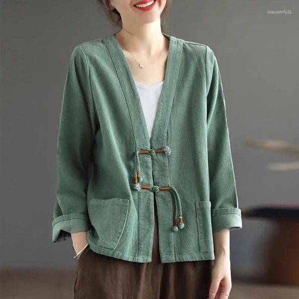 Frauenjacken chinesischer Stil Retro Cordjacke 2024 kurze Frauen Frühling Autumn Mantel Strickjacke V-Ausschnitt Spulenschnalle Freier Oberbekleidung Frauen weiblich