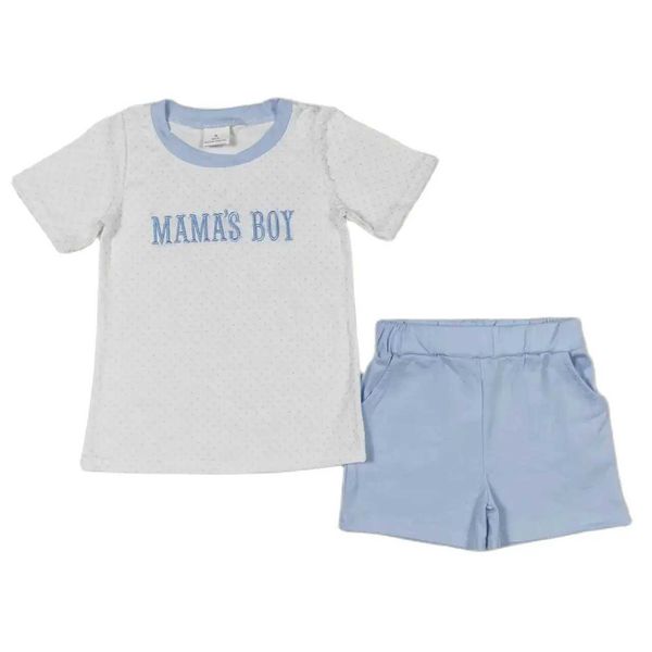 Roupas conjuntos de roupas por atacado Mangas curtas Mamas Boy Boy T-shirts Kids Blue Cotton Pocket Shorts Crianças Bordando Conjuntos de verão T240509