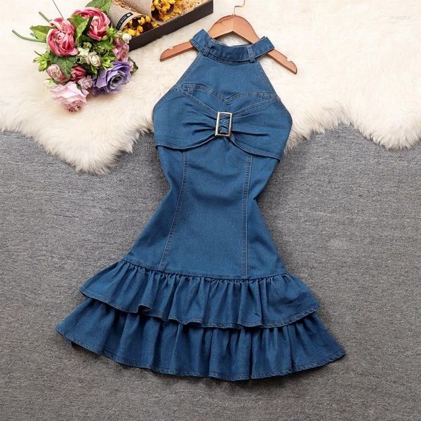 Lässige Kleider Frauen Reißverschluss Denim Kleid Chic Neckholder Nackled schlanker Taille Falten -Kuchen -Jeans Vestidos Vestidos